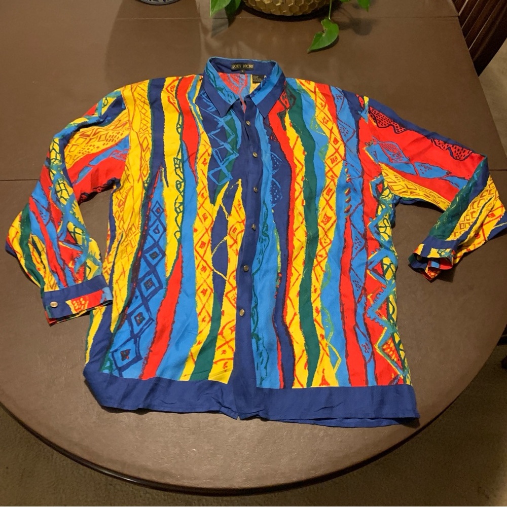 Vintage JOEY RICHI Gold Label Crazy All Over Print Silk Casual Shirt 90s XL